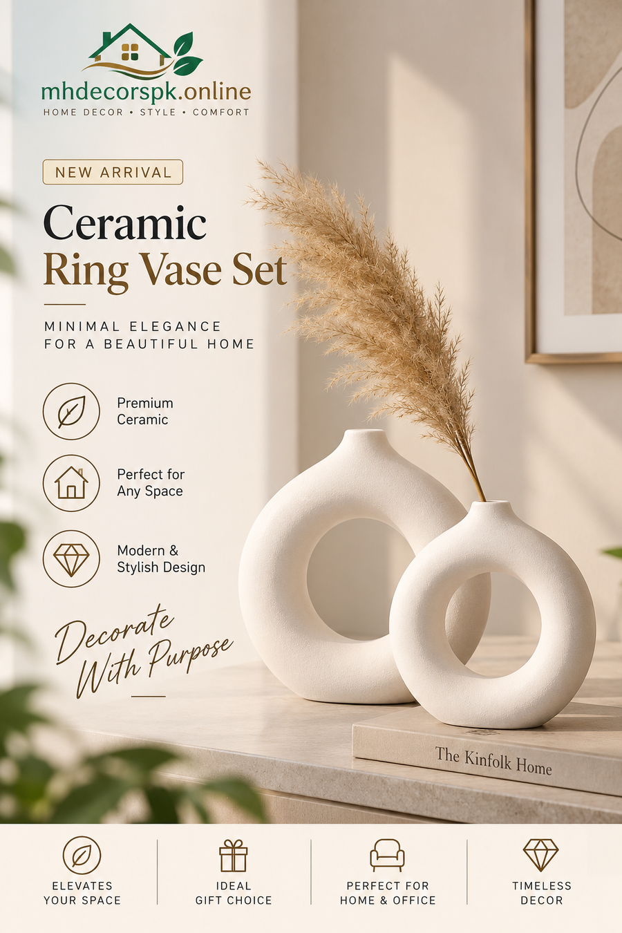 Ring Ceramic Vase with Artificial Pampas Grass Set By Mhdecorspk.online